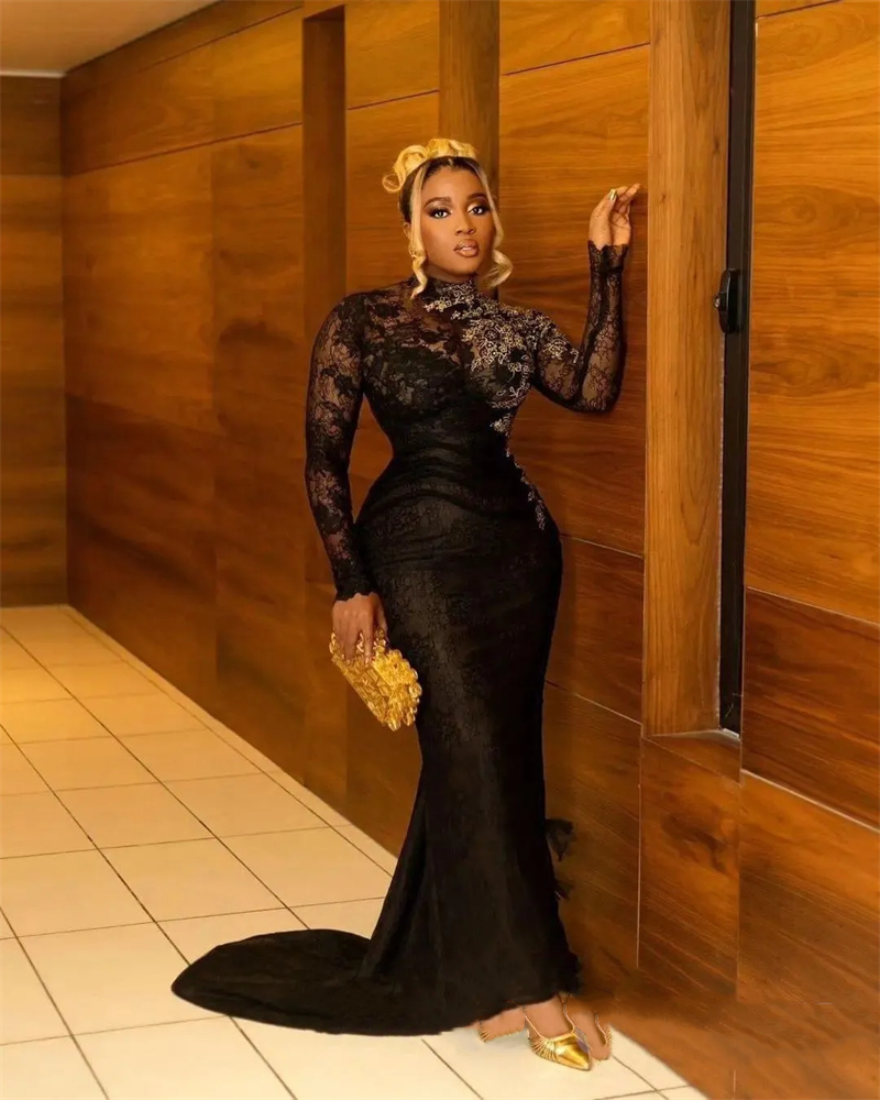 Vintage Black Lace Mermaid Evening Dresses With Gold Appliques Long Sleeves High Neck Formal Occasion Gown For Women 2024 Aso Ebi Arabic Prom Dress