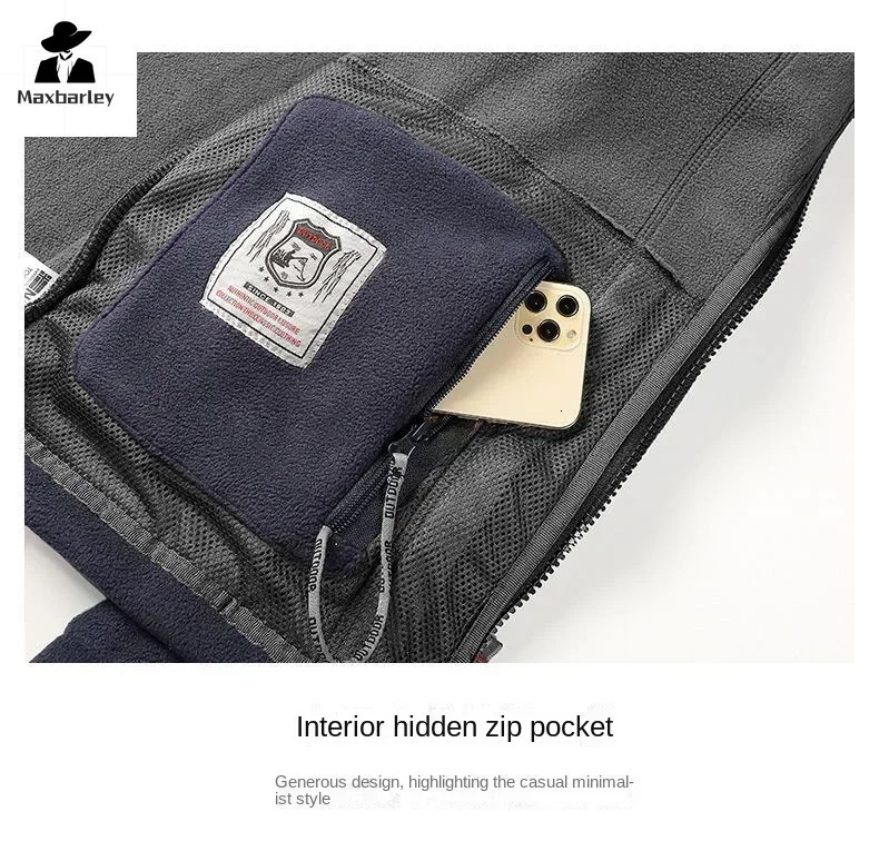 Winter Warm Fleece Jacket Mens Climbing Double Thickened Pocket Outdoor High Collar Windproof Ski Sweatshirt Coat Men 241120