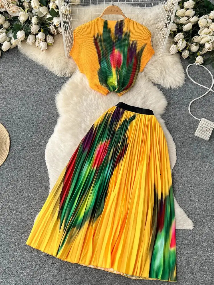 Summer Runway Pleats Floral Print Two Piece Set Women Half High Collar Stretch TopElastic Waist Long Pleated Skirt Outfits 240329