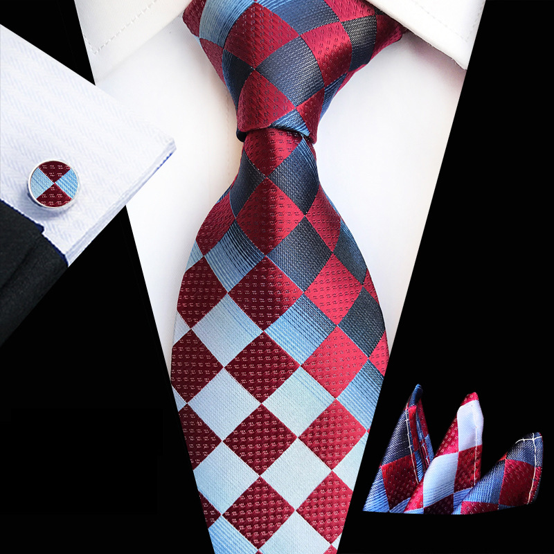 New Design Plaid Tie Set Jacquard Weave Silk Tie Gravata Handkerchief Cufflinks Set Pocket Square Men Necktie Wedding Party Gift