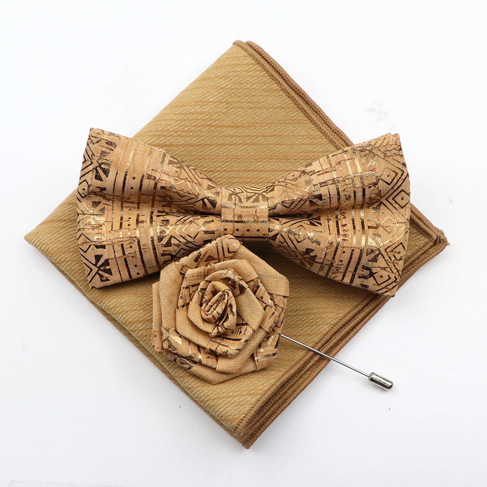 New Cork Wood Bow Tie Set Mens Novelty Handmade Floral Solid Color Bowtie Brooch For Groom Wedding Party Retro Suit AccessoriesX241109