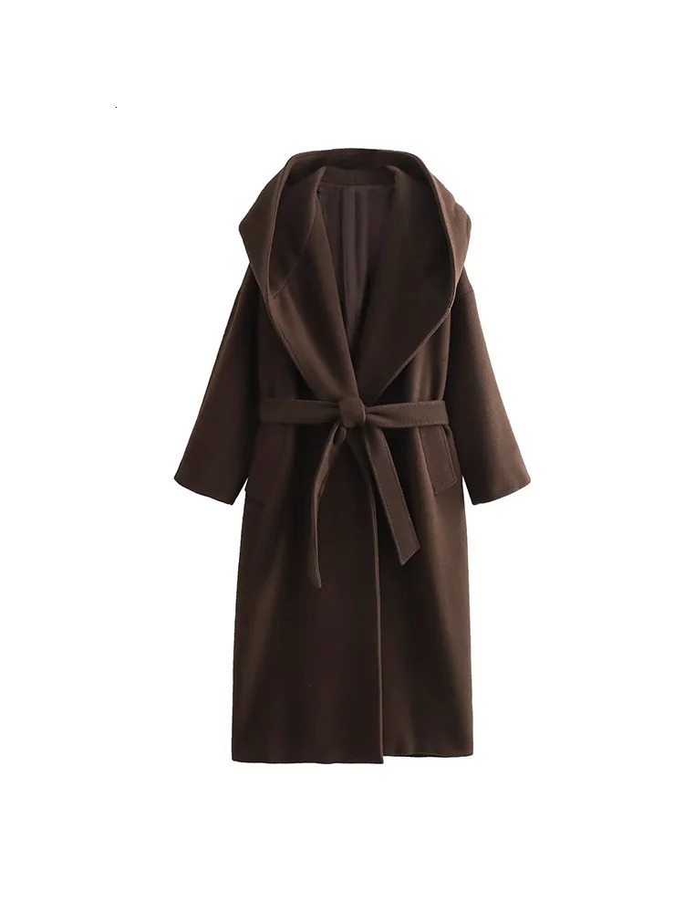 TRAF autumn and winter European and American casual belt hooded wool womens medium long jacket 241108