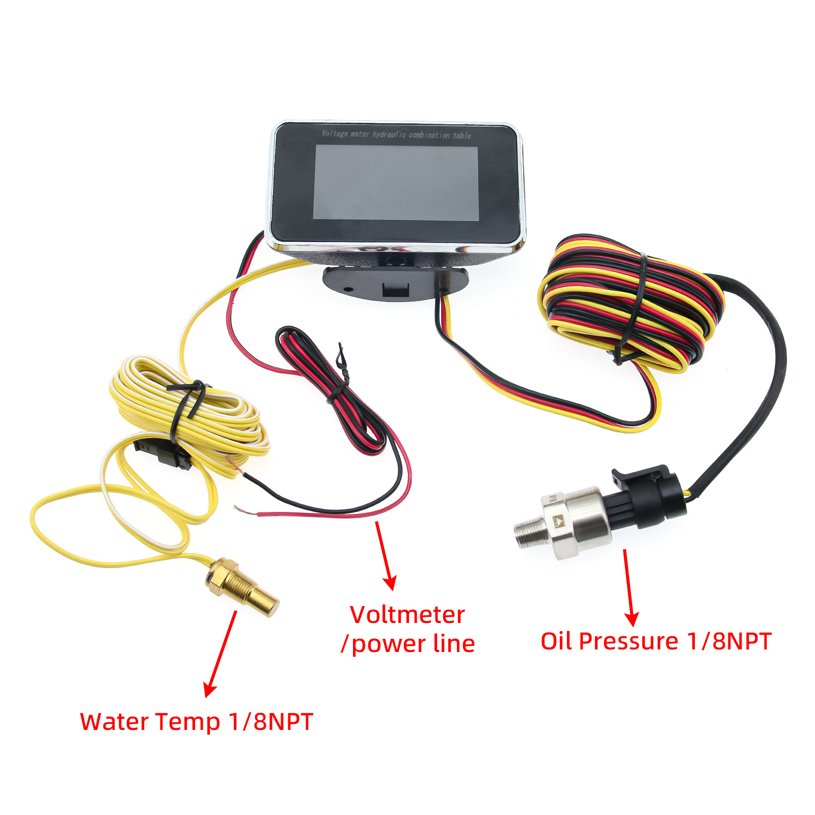 3 In 1 LCD Car Digital Oil Pressure Gauge Voltmeter Water Temp Meter 1/8 NPT Oil Pressure Sensor + Water Temperature Sensor 10mm