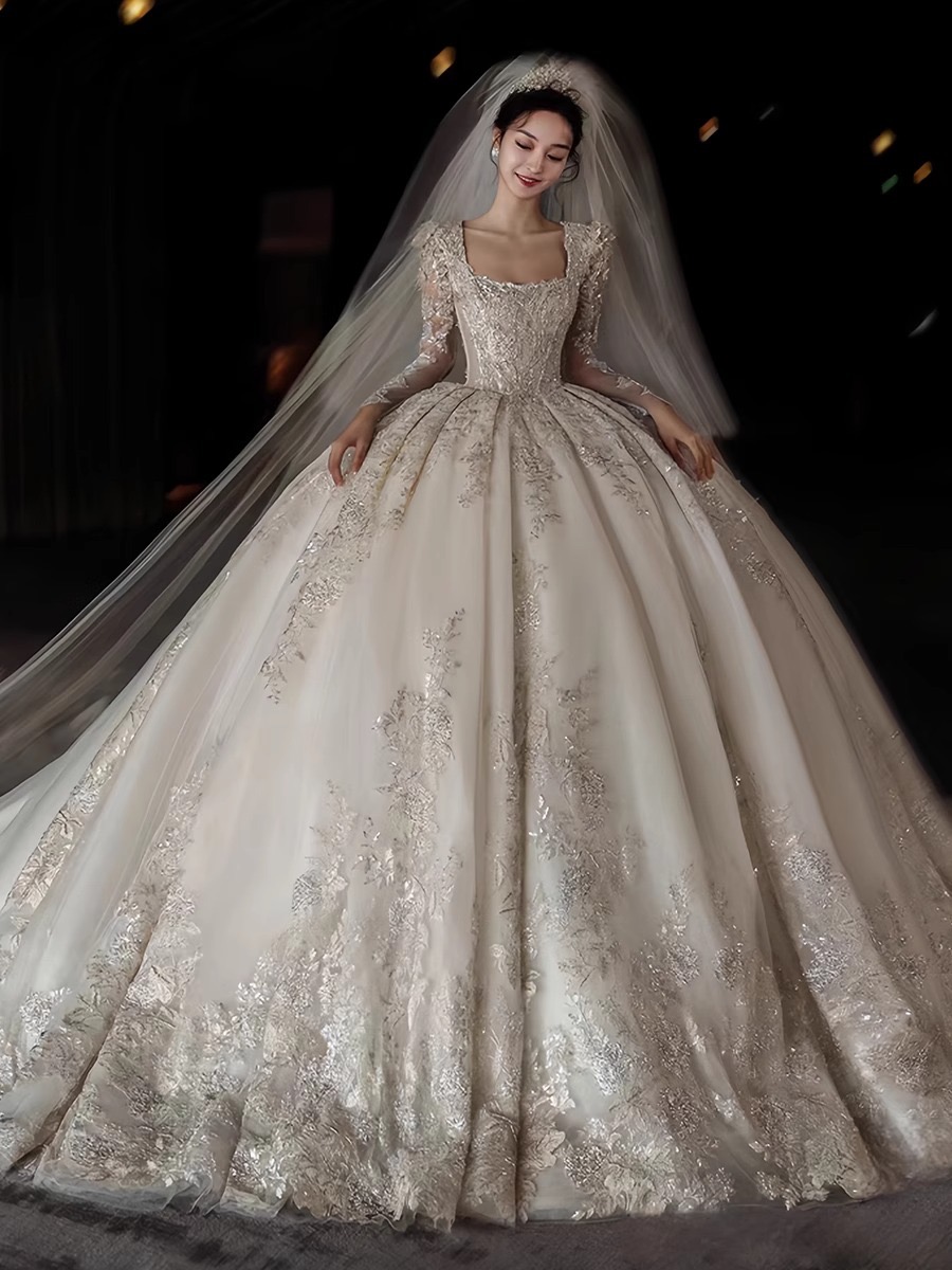 2024 New Dubai Arabic Wedding Sexy Crystals Beaded Ruched Sweep Train Bridal Gowns Robes Sequined Mesh Lace Long Sleeves A Line Pleated Dresses 0510