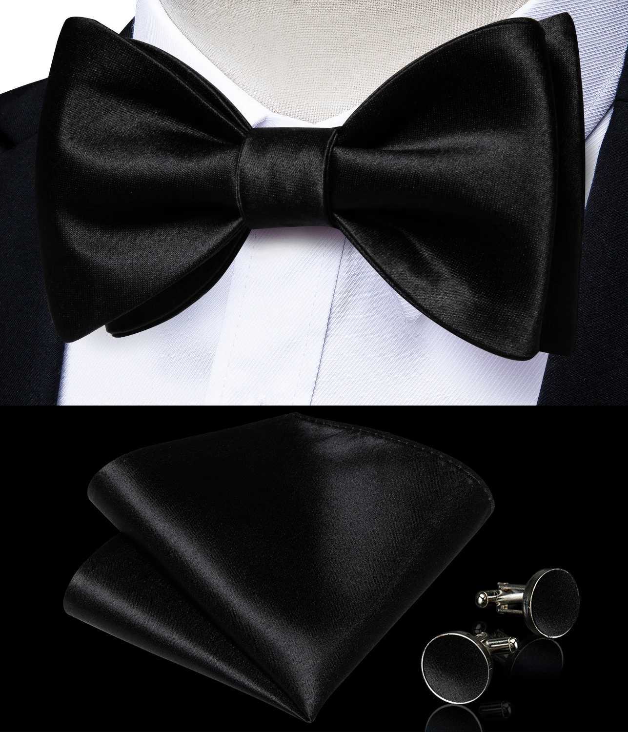 Adjustable Mens Solid Self-tie Bowtie Handkerchief Cufflinks Sets Classic Black Bow Tie for Man Wedding Busin Butterfly KnotX241109