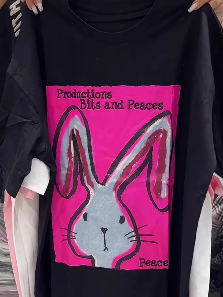 DUOJIHUI Dark Grey Summer Fashion Printed Sweet Female Tshirts Oneck Spell Color Simple Casual Street Loose Women Tshirts 240409