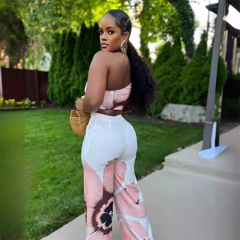 Floral Print Summer Two Piece Set Women Holiday One Shoulder Crop Top and Loose Wide Leg Pants Matching Sets Outfits Vacation 241108