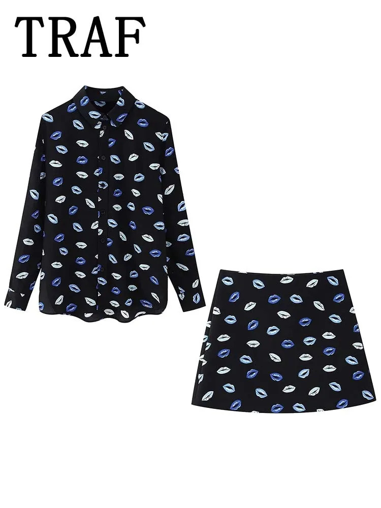 TRAF 2024 Printed Women Mini Skirt Sets For Women 2 Pieces Long Sleeve Shirts Top Women Suits Two Piece Set Women Outfit 240410