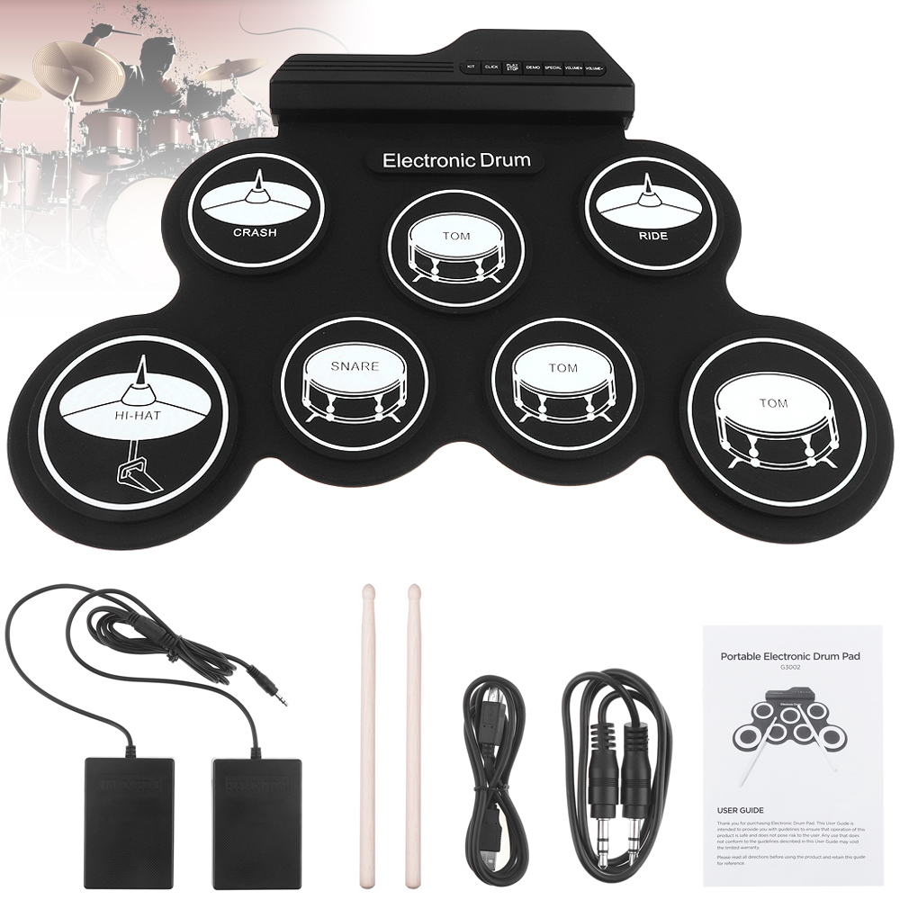 Electronic Drum Digital 7 Pads / 9 Pads Roll up Set Silicone Electric Drum Kit with Drumsticks Sustain Pedal Support USB