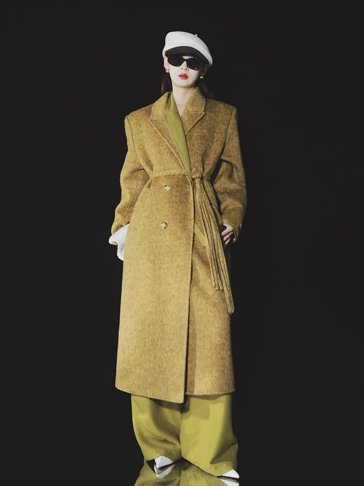 Elegant double breasted wool coat womens long autumn and winter jacket 241108