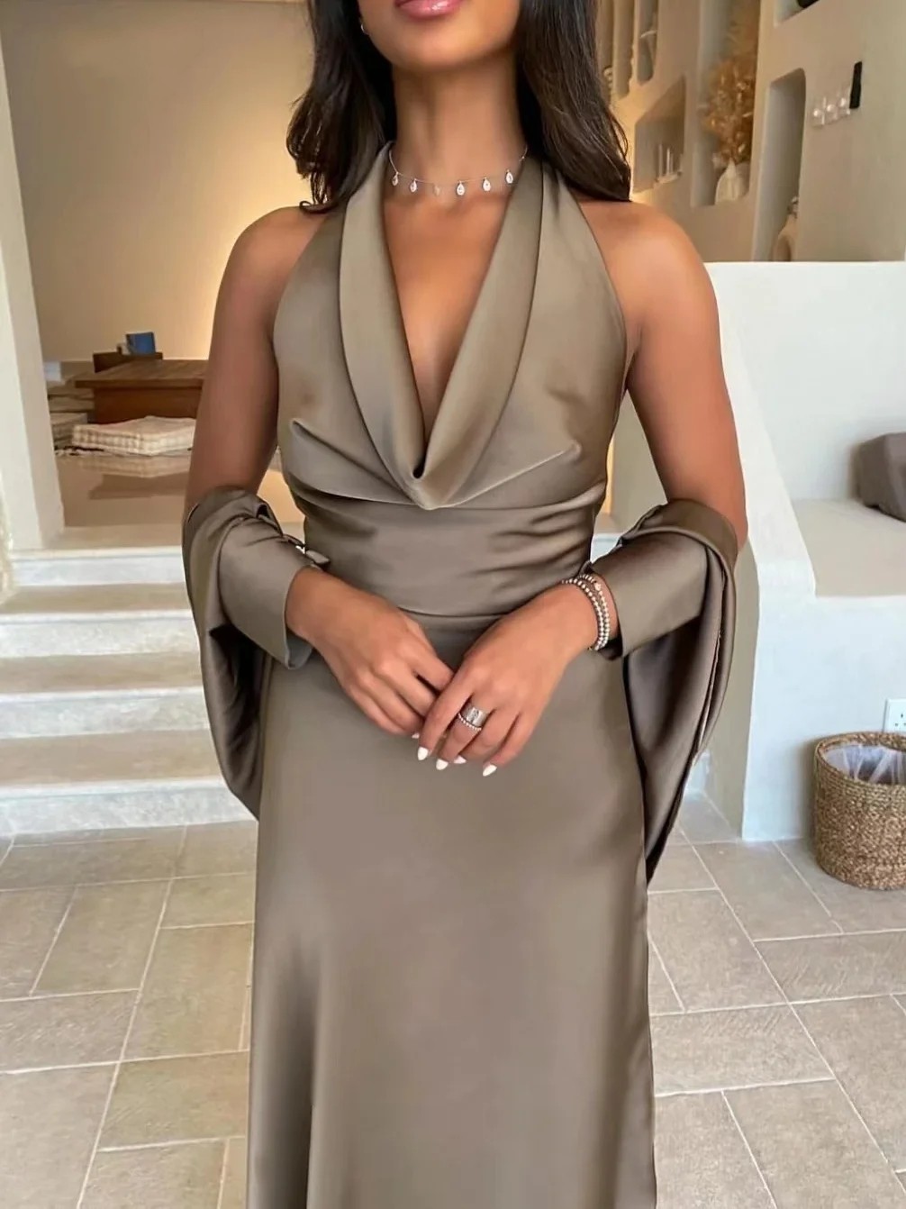 Sexy Gray Evening Dress 2024 V-neck Ruffle Ribbon Bow Backless Satin Women Prom Formal Gowns Custom Made Robe De Soiree