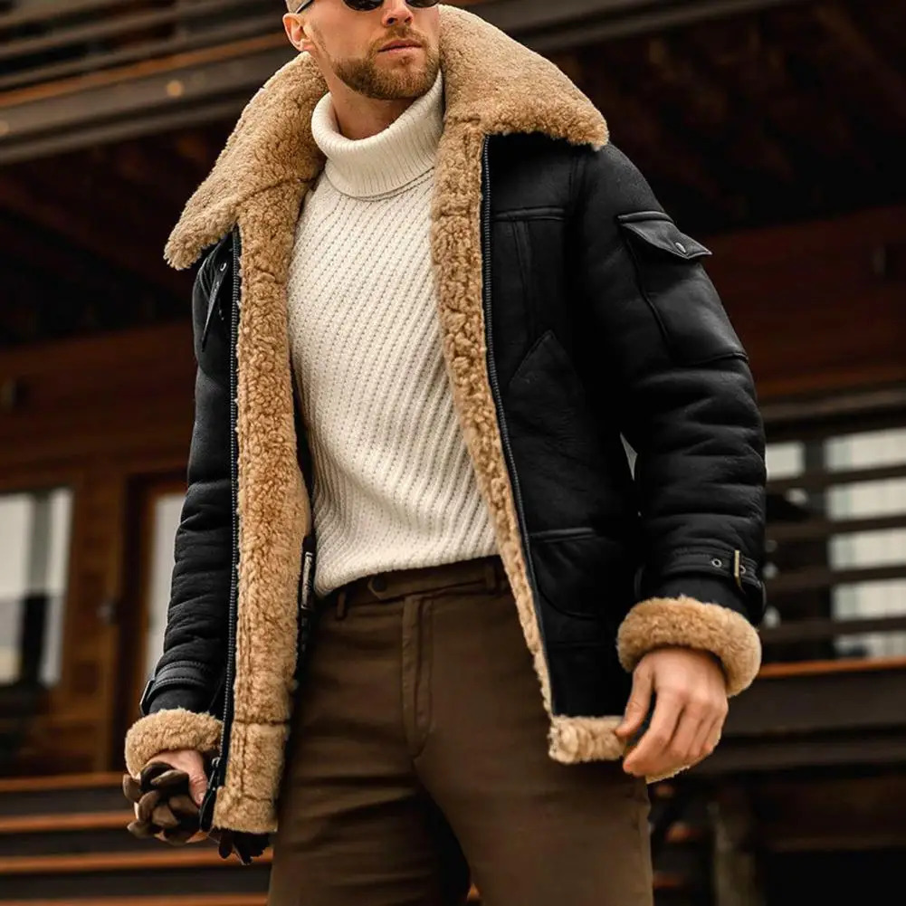 Faux Fur Leather Men Jacket Thickened Plush Lining Winter Jackets Vintage Lapel Furry Coldproof Keep Warm Coat 241120