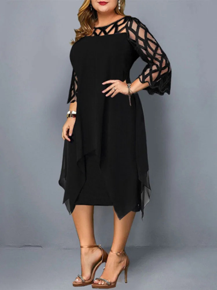 Elegant Midi Party Dress For Chubby Women Xxl O Neck Lace Sleeve Hollow Out Solid Sexy WomenS Clothing Evening Dresses 2023 240402