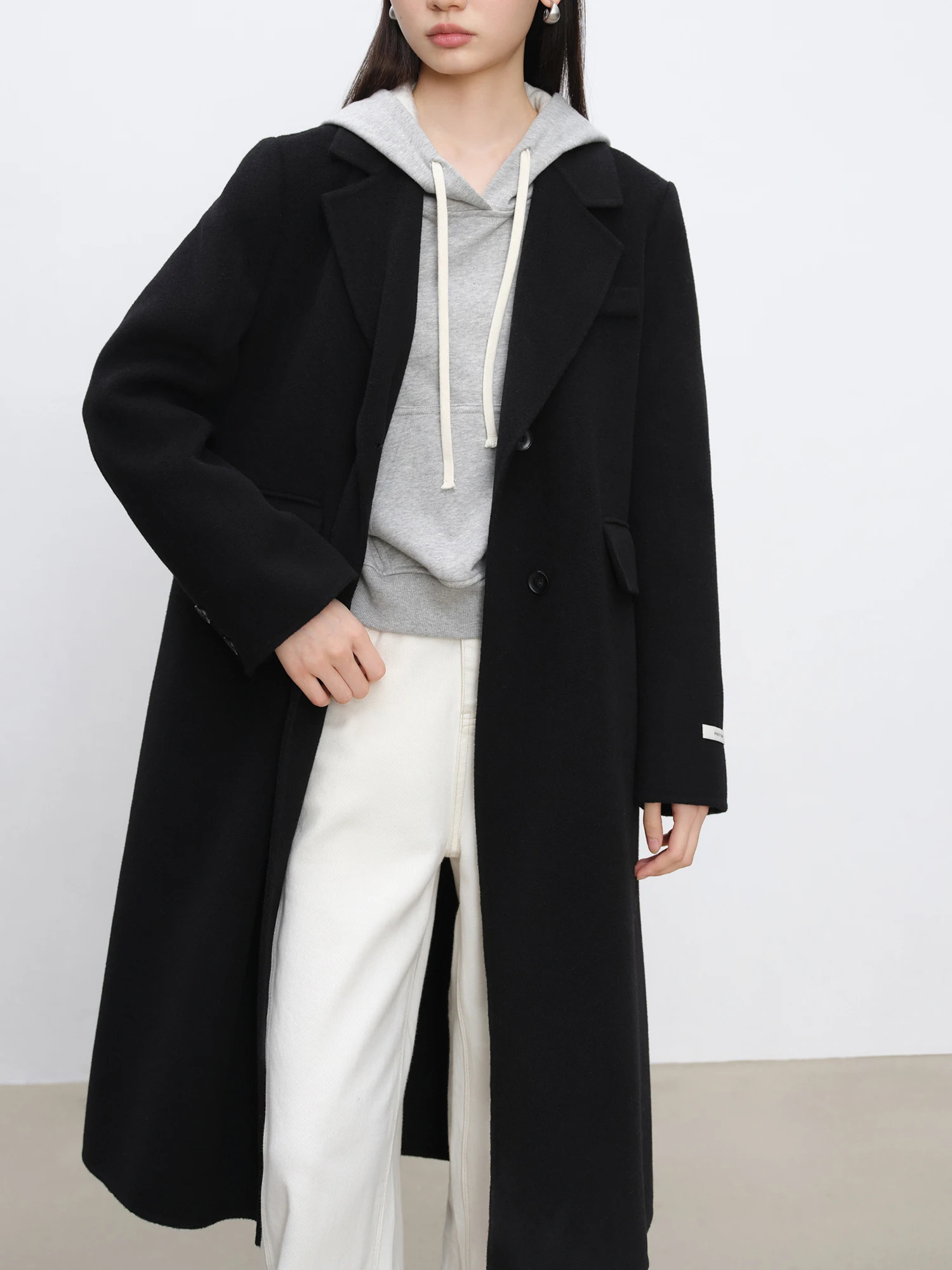 ZIQIAO Petite Size Black Shoulder Cashmere Wool Womens Coat Winter Clothing High end Coat Casual Loose 24ZQ94315 241108