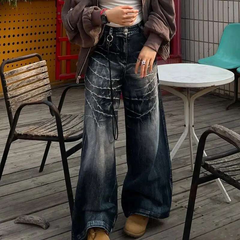 American High Street Design Distressed Scratched Tie-Dye Jeans For Men And Women In Autumn Oversize Wide-Leg Or Mopping Pants