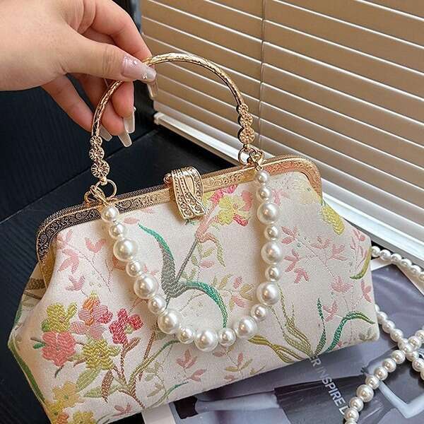 New Chinese style embroidered handbag for women in summer 2024, pearl handbag, shoulder bag, crossbody bag