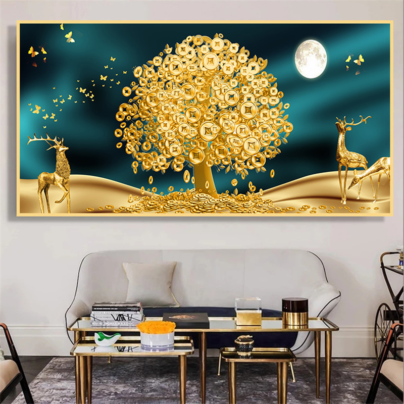Luxury Lucky Gold Money Tree Canvas Printing Floral Plant Painting Deer and Golden Leaf Poster Home Decor Wall Art Picture Large