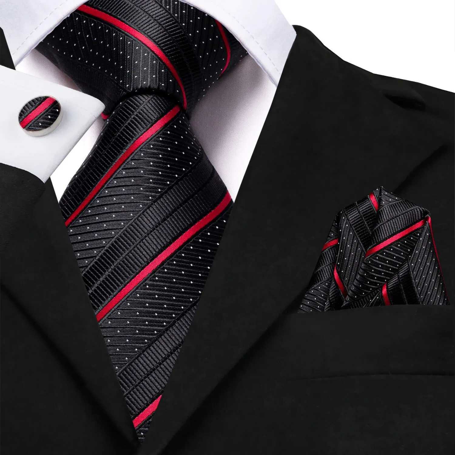 Hi-Tie Designer Black Red Striped Silk Wedding Tie For Men Handky Cufflink Gift Men Elegant Necktie Set Fashion Busin PartyX241111