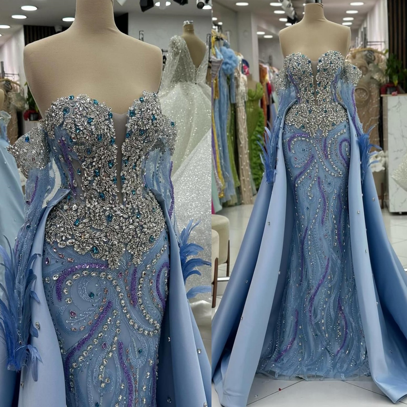 2024 Plus Size Sky Blue Mermaid Prom Dresses For Special Occasions Rhinestones Detachable Train Evening Party Birthday Gowns Dress For Women Vestidos 
