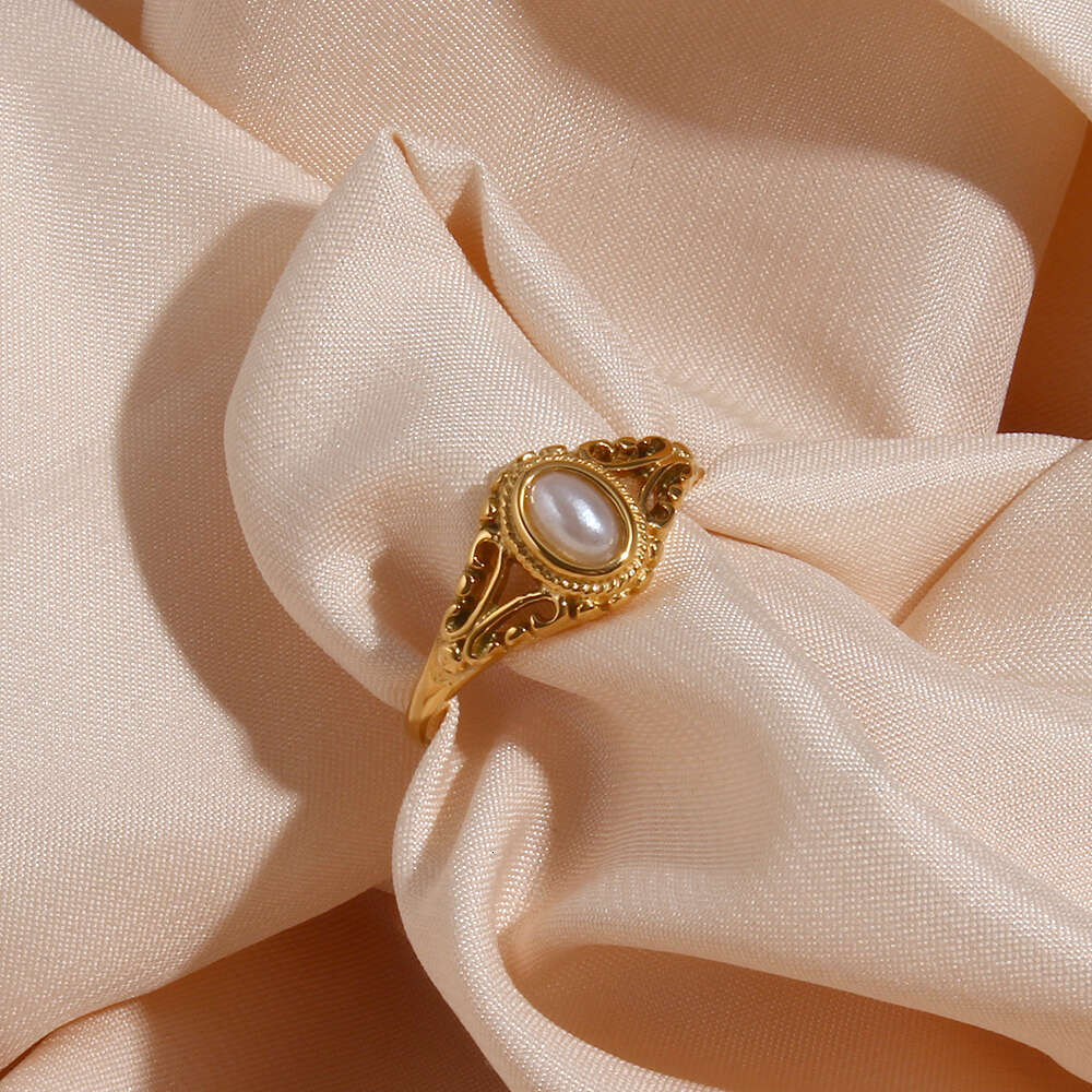 Thin Plated E.B.belle Hollow Texture Natural Freshwater Pearl Rings For Women Stainless Steel Tarnish Free Gold Ring