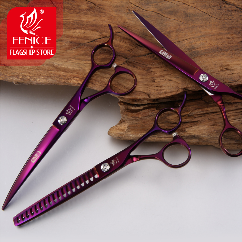 Fenice purple dog grooming scissors set pet dog scissors kit professional curved&straight&thinner shears makas tijeras
