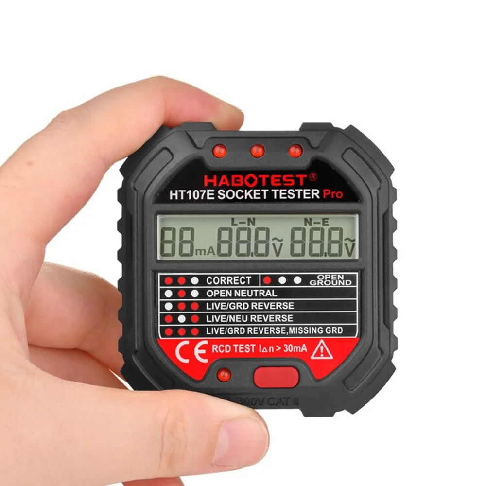 HT107 GFCI Outlet Tester with Voltage Display 90-250V Socket Tester Automatic Electric Circuit Polarity Voltage Detector HT106