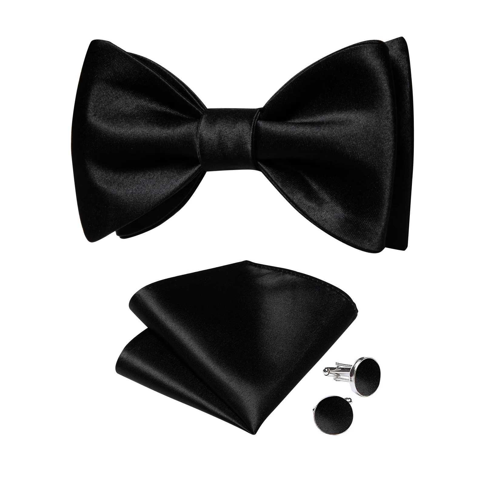 Adjustable Mens Solid Self-tie Bowtie Handkerchief Cufflinks Sets Classic Black Bow Tie for Man Wedding Busin Butterfly KnotX241109