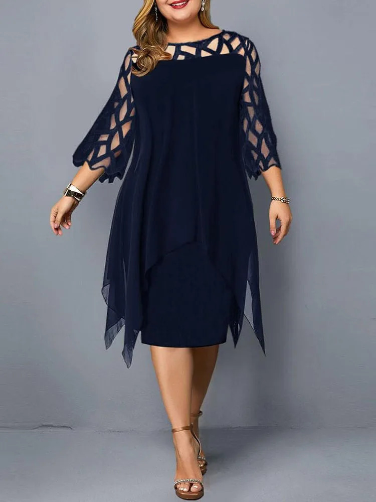 Elegant Midi Party Dress For Chubby Women Xxl O Neck Lace Sleeve Hollow Out Solid Sexy WomenS Clothing Evening Dresses 2023 240402