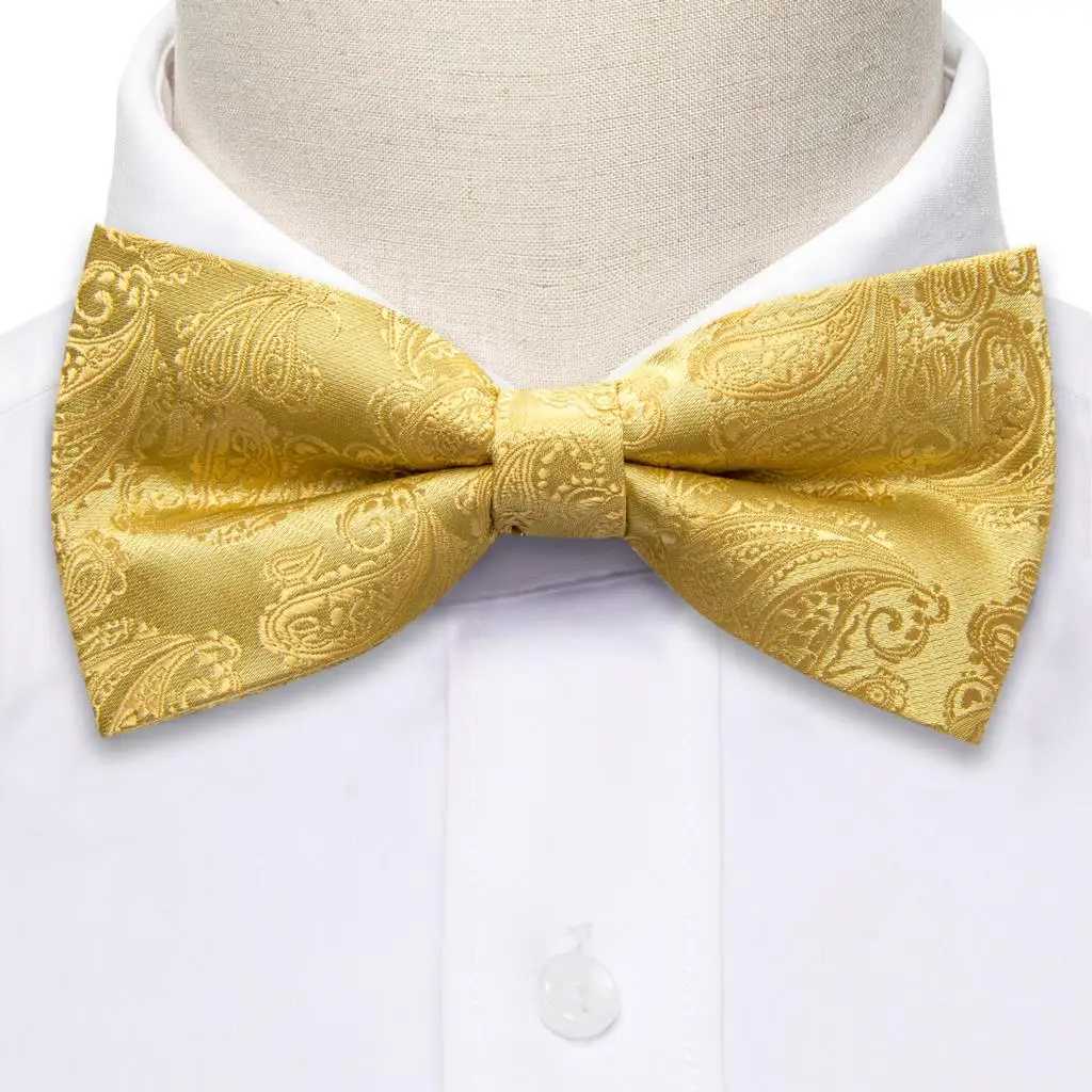 Barry.Wang Gold Yellow Beige Silk Mens Bow Tie Jacquard Paisley Floral Pre-Tied Bowtie Hanky Cufflinks Set Wedding Busin GiftX241109