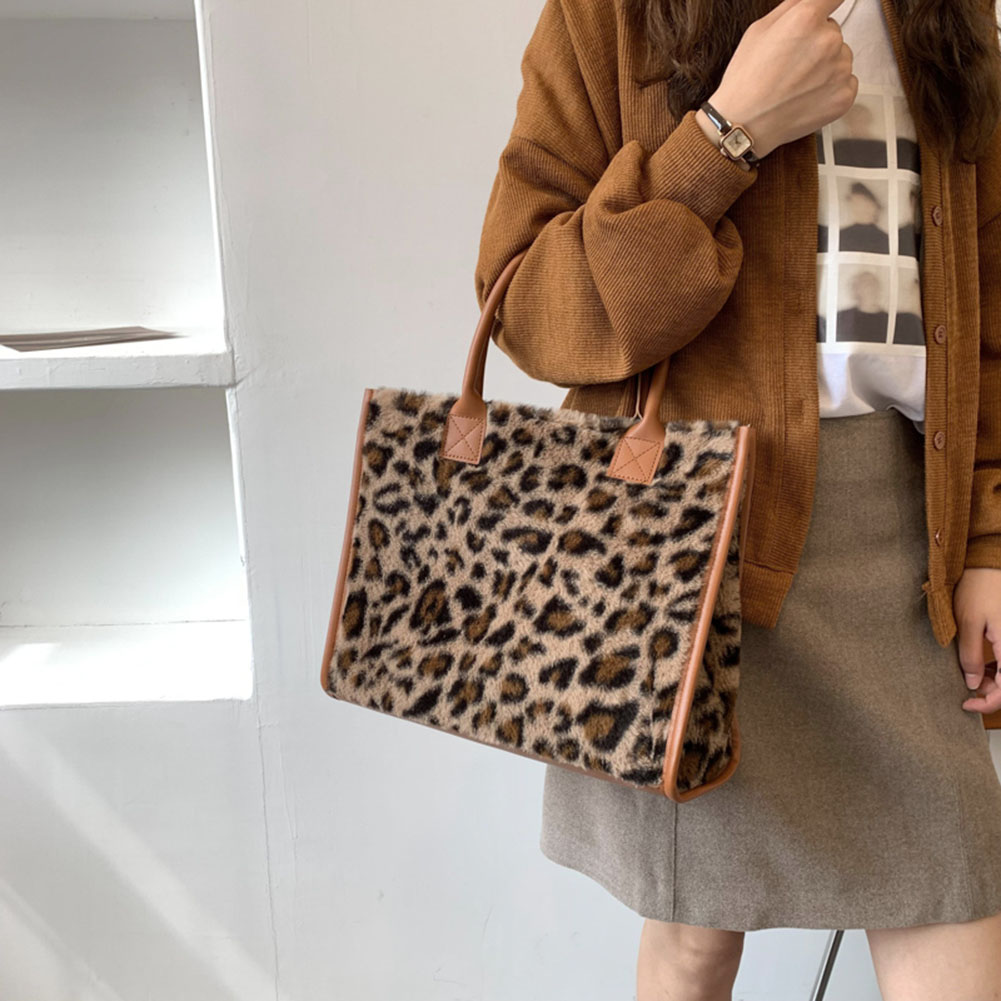 Fashion Women Top-Handle Bags Retro PU Leather Plush Cow Leopard Print Tote Bag Vintage Large Capacity Lady Shopping Handbag