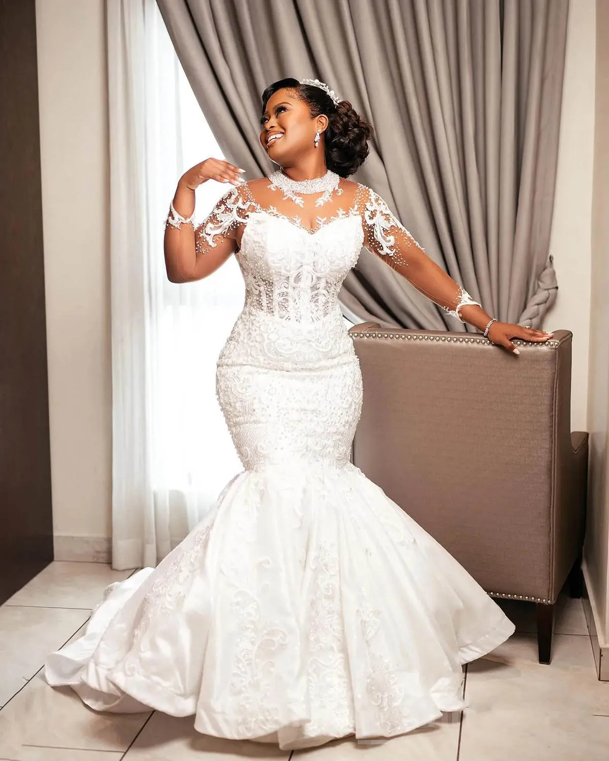 Saudi Mermaid Wedding Dresses 2025 Sheer O Neck Beads Pearls Long Sleeve Bride Dress Formal Custom Made Lace Appliques Bridal Gowns