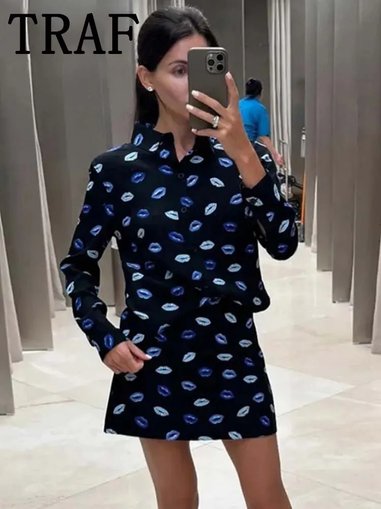 TRAF 2024 Printed Women Mini Skirt Sets For Women 2 Pieces Long Sleeve Shirts Top Women Suits Two Piece Set Women Outfit 240410