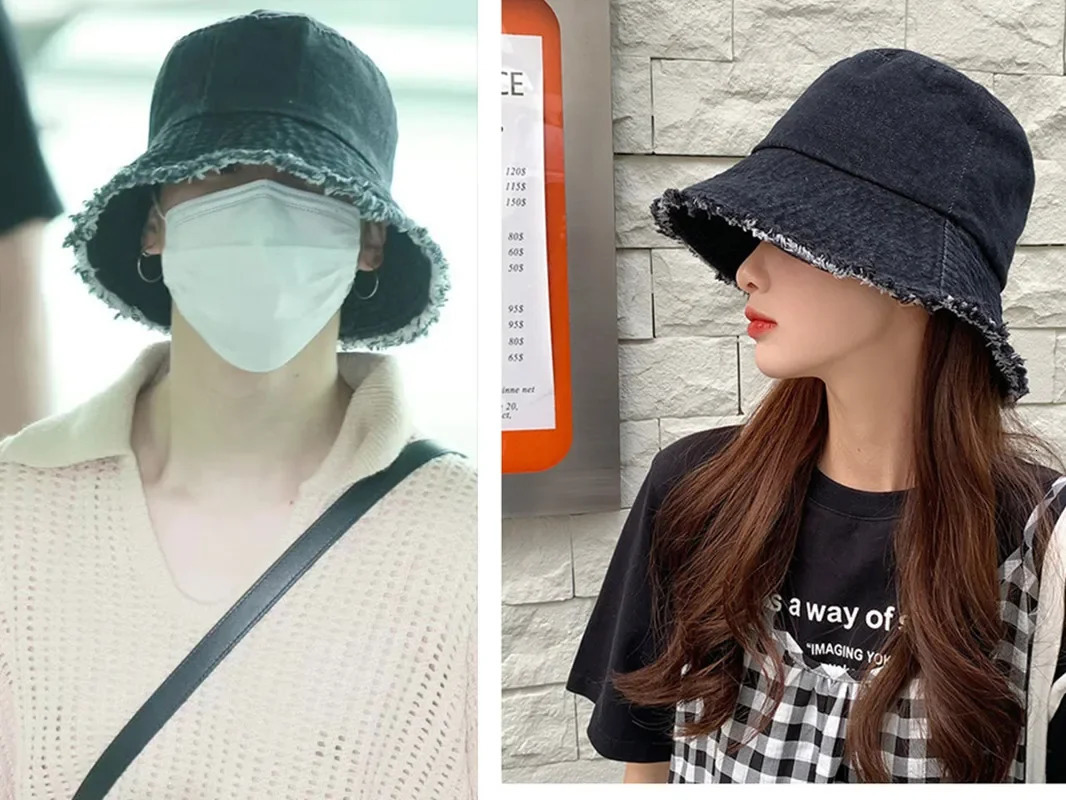 Japan and South Koreas JIMIN Retro Raw Edge Denim Fisherman Hat Washed Bucket Sunshade Windproof Accessories Gift240410