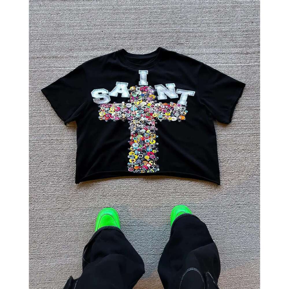Streetwear Men Women Haruku Retro Cross Pattern Print Oversized T-Shirt Goth Casual Cotton Drop Short Sleeve Top