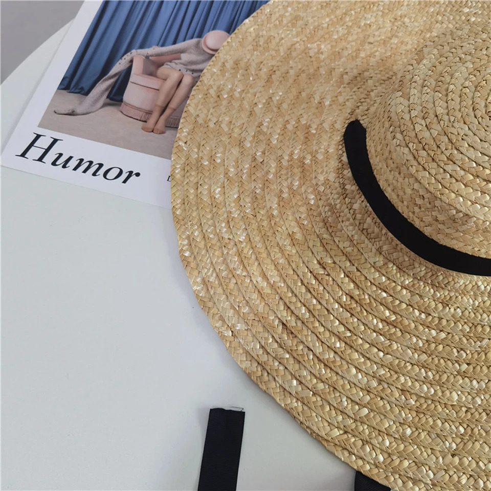Women Raffia Wide Brim Boater Hat 15cm 18cm Straw Flat Summer With White Black Ribbon Tie Sun Beach Cap 240410