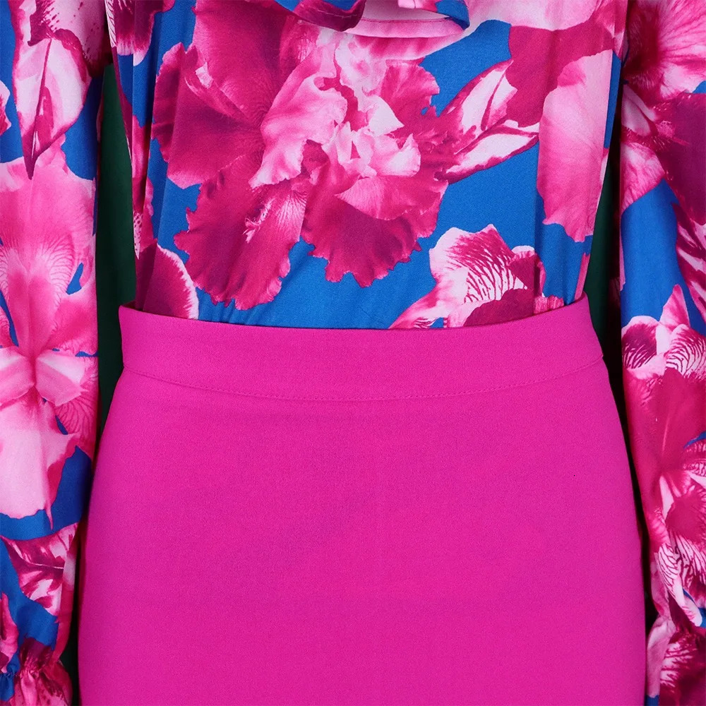 2 Pieces Sets Womens Outfits Skirts and Top Shirts Bow Collar Printed Sheath Back Split Long Clothes Matching 240326