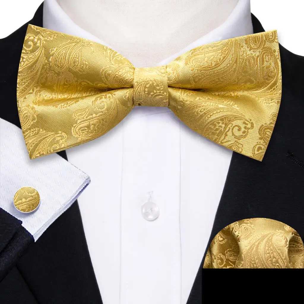 Barry.Wang Gold Yellow Beige Silk Mens Bow Tie Jacquard Paisley Floral Pre-Tied Bowtie Hanky Cufflinks Set Wedding Busin GiftX241109