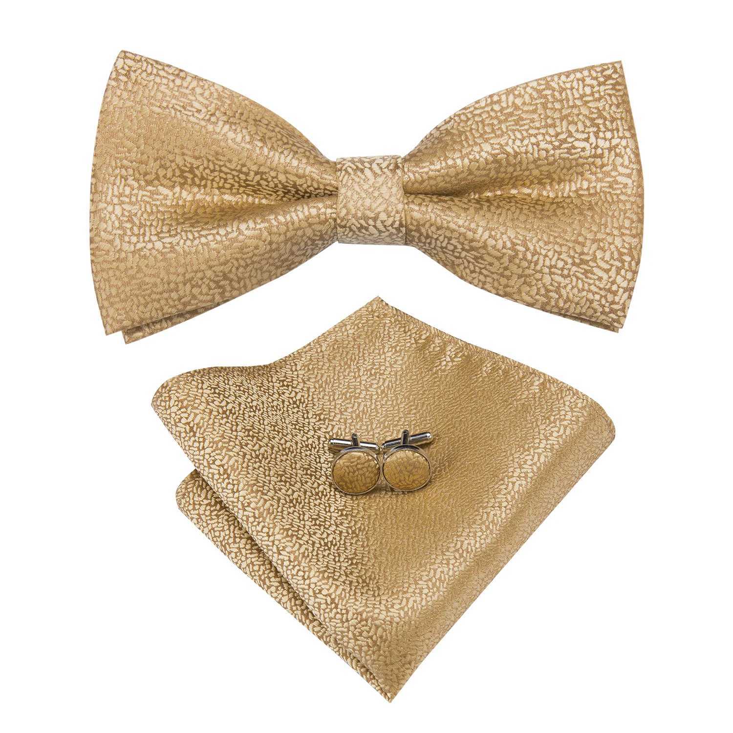 Hi-Tie Fashion Gold Busin Wedding Bowties Men Brooch Pocket Square Cufflinks Set Silk Bow Tie Necktie for WeddingX241109