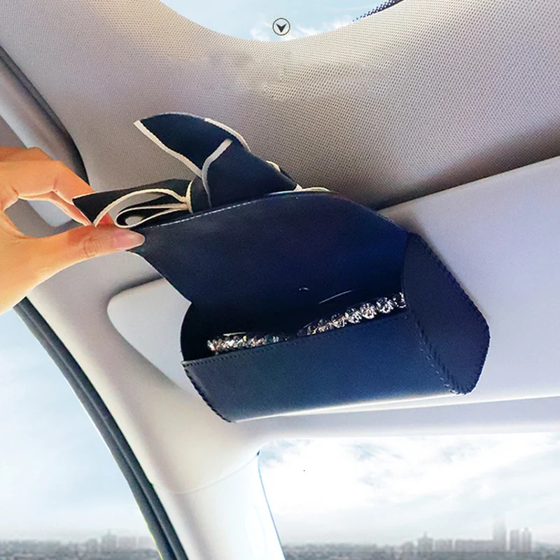 Cute Bowknot Car Glasses Box Universal Leather Sunglasses Case Storage Holder Bag Sunshade Organizer Auto Interior Accessories 240327