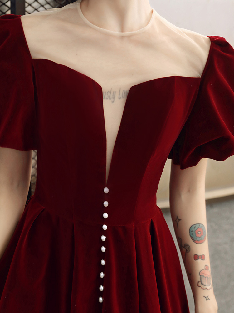 Mesh-satin Patchwork Cheongsam Pearl Puff Sleeve Qipao Bandage Evening Banquet Dresses Perspective Round Collar Sexy Vestidos
