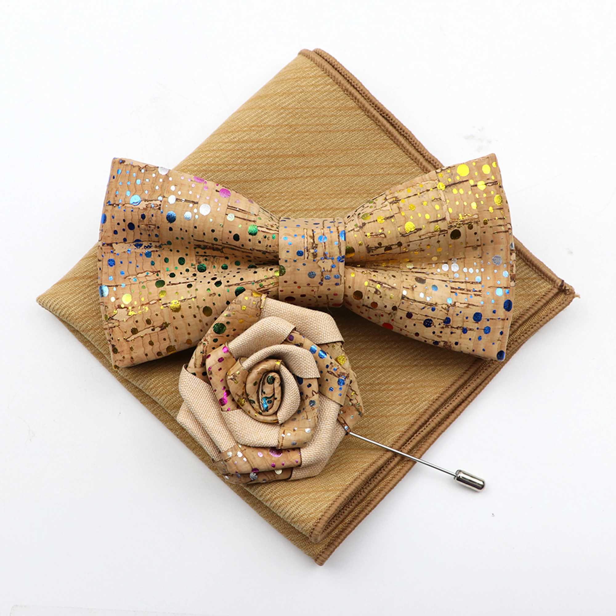New Cork Wood Bow Tie Set Mens Novelty Handmade Floral Solid Color Bowtie Brooch For Groom Wedding Party Retro Suit AccessoriesX241109