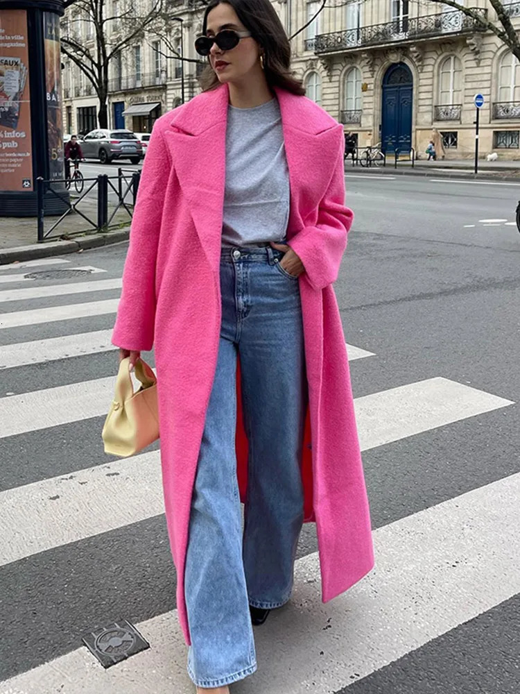 Elegant single corset womens casual lapel long sleeved loose pink coat autumn winter office womens coat 241108