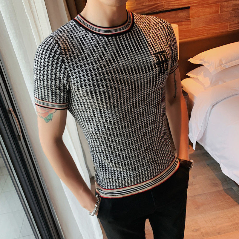British Style Thousand Bird Check Men T-shirt New Embroidery Slim Knitted T Shirt Men new O-Neck Homme 2025 Social Club Outfits Top Tees