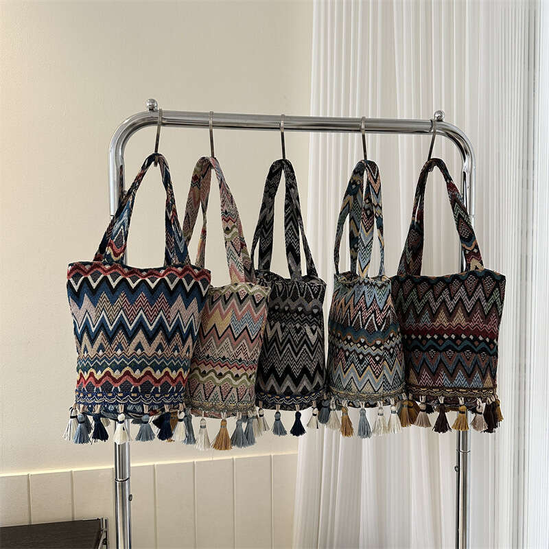 Ethnic Style Su Large Capacity Women's 2023 New Fashion Striped Handheld Leisure Single Shoulder Chinese Feng Shui Bucket Bag