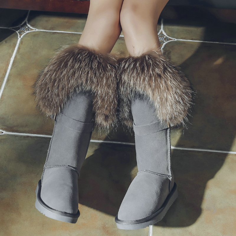 Womens Winter Snow Warm Fur Lining Real Fox Fur Trim Real Leather Knee High Boots Thick 9Colors Flats Shoes Australia New