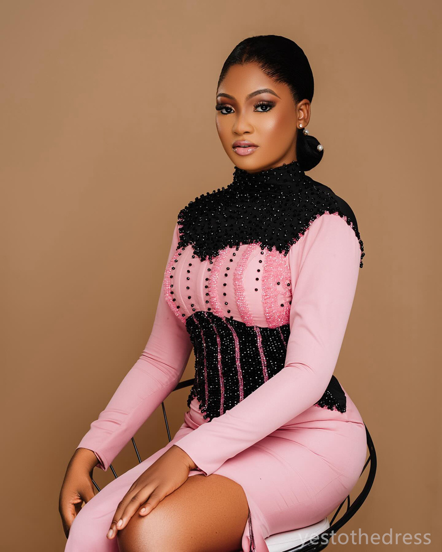 Plus Size Prom Dresses for Black Women Evening Dresses Elegant High Neck Long Sleeves Beaded Side Split Birthday Gowns Second Reception Dress for Occa