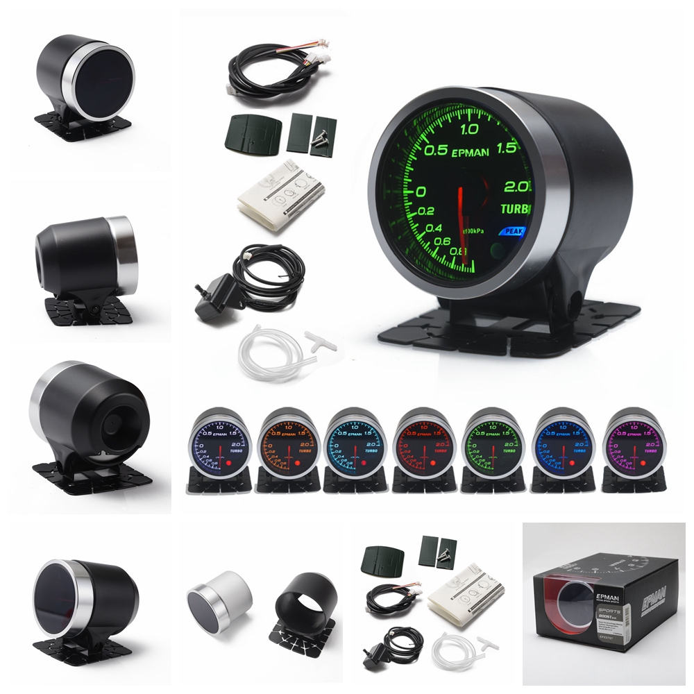 EPMAN 2 52mm 10 Color LED Backlights Face Bar Turbo Boost Gauge Meter w Sensor Mount Bracket Cup Holder EPXX707