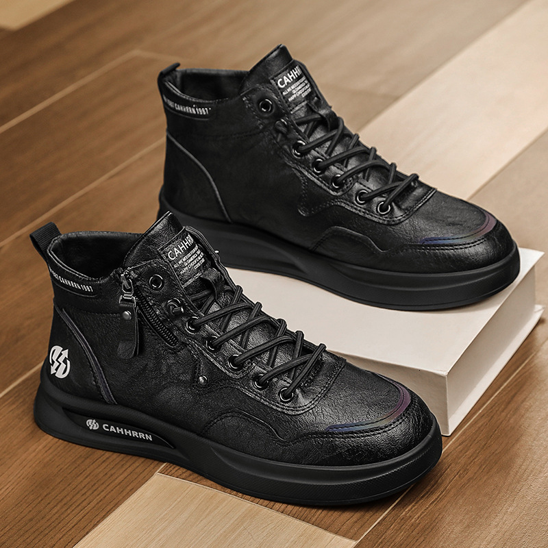 2025 New Men's Leather Spliced High Top Shoes For Outdoor Leisure White Snow Boots For Autumn Warmth No Lace Up Side Zipper Flat Bottomed Board M