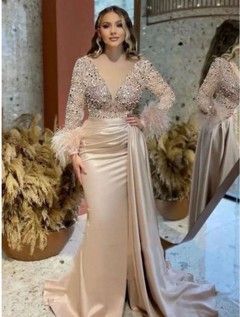 Elegant Champagne Mermaid Evening Dresses Beaded Feather Long Sleeves Illusion Deep V-Neck Sexy Bride Reception Dress Chic Satin Prom Party Formal Occ