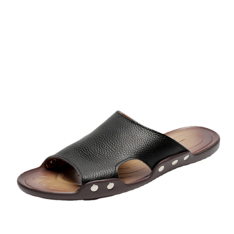 Summer Genuine Leather Men's Sandals Classic Breathable Slip-On Sandals Men Casual Beach Shoes Outdoor Slippers
